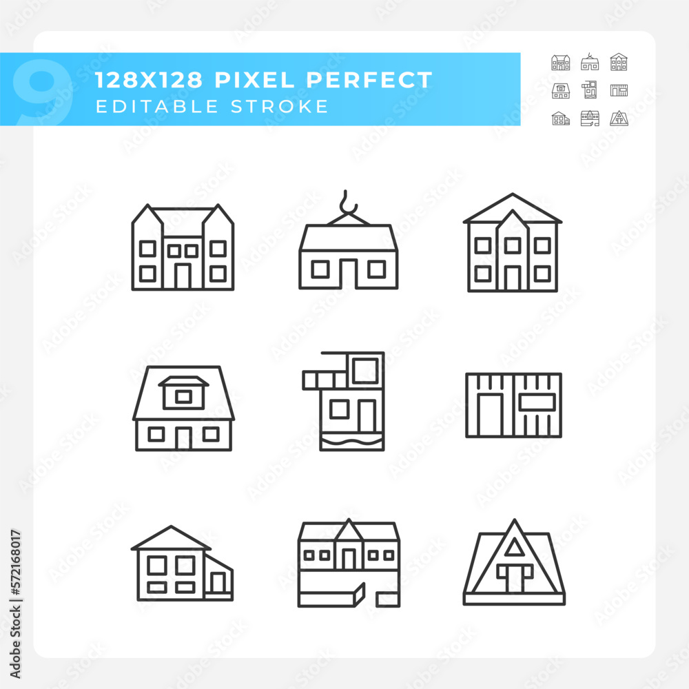 Suburban real estate pixel perfect linear icons set. Holiday property rent. Bungalow and villa. Countryside. Customizable thin line symbols. Isolated vector outline illustrations. Editable stroke