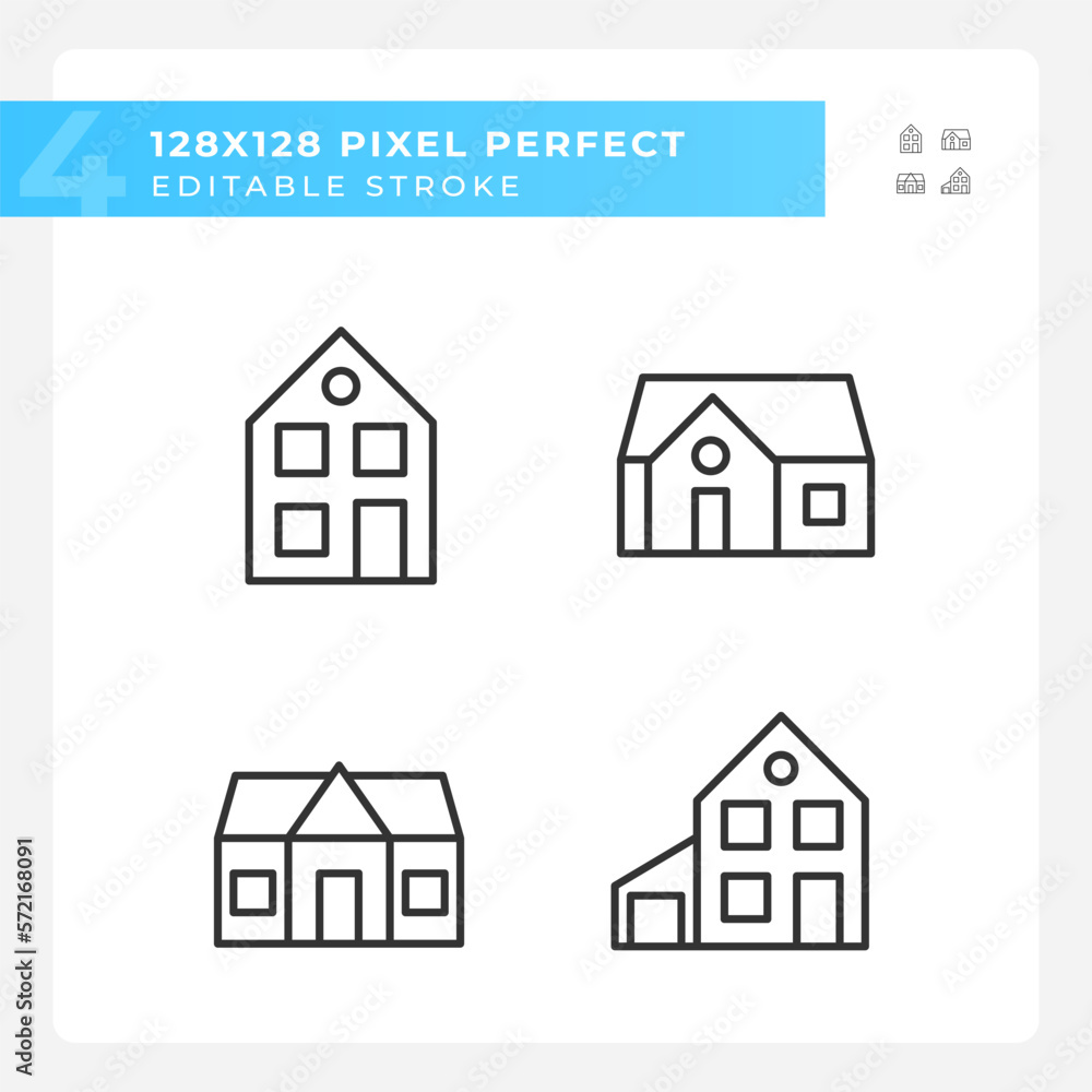 Single family houses pixel perfect linear icons set. Affordable property. Two storey home. Real estate agency. Customizable thin line symbols. Isolated vector outline illustrations. Editable stroke