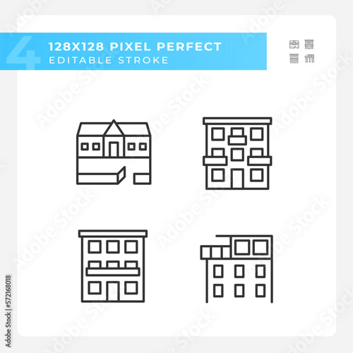 Apartment types pixel perfect linear icons set. Ranch house. Condominium flat. Luxury penthouse. Real estate. Customizable thin line symbols. Isolated vector outline illustrations. Editable stroke