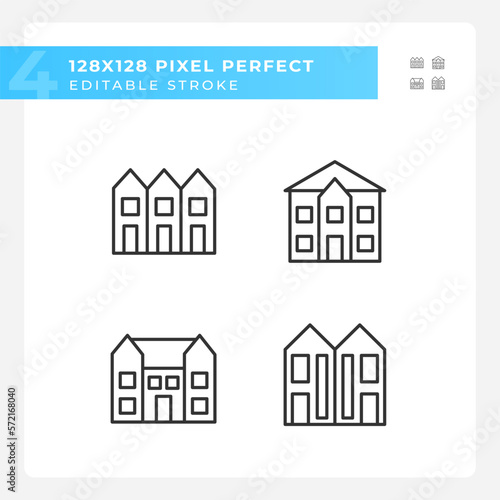 Luxury houses pixel perfect linear icons set. Townhouse and mansion. Single family detached home. Customizable thin line symbols. Isolated vector outline illustrations. Editable stroke