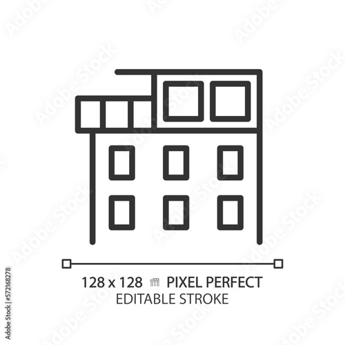 Penthouse pixel perfect linear icon. Luxury real estate. Rooftop apartment. Expensive property. Home exterior. Thin line illustration. Contour symbol. Vector outline drawing. Editable stroke
