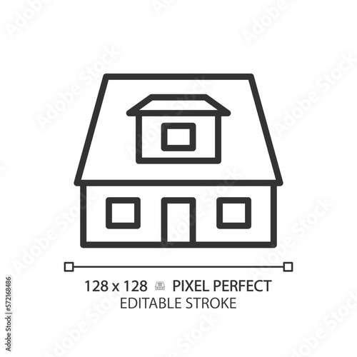 Bungalow pixel perfect linear icon. House with sloped roof. Recreation home. Buying property. Real estate. Cottage. Thin line illustration. Contour symbol. Vector outline drawing. Editable stroke