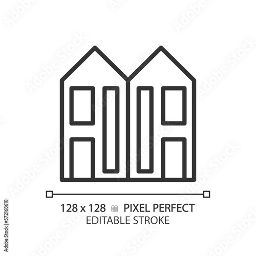 Duplex pixel perfect linear icon. Two dwelling units. Attached houses. Neighborhood. Real estate. Multifalmily home. Thin line illustration. Contour symbol. Vector outline drawing. Editable stroke
