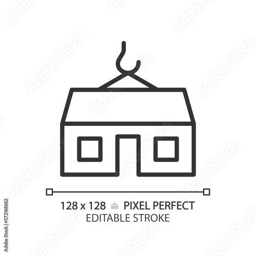 Modular home pixel perfect linear icon. Prefabricated house. Movable compact building. Property purchase. Real estate. Thin line illustration. Contour symbol. Vector outline drawing. Editable stroke