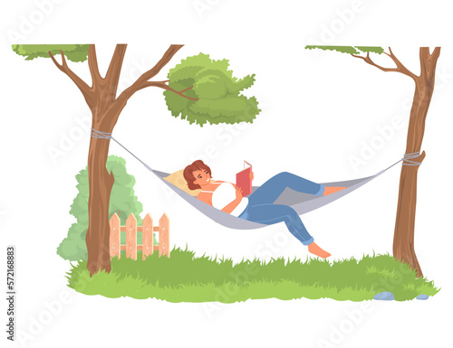 Young woman reading in hammock vector illustration