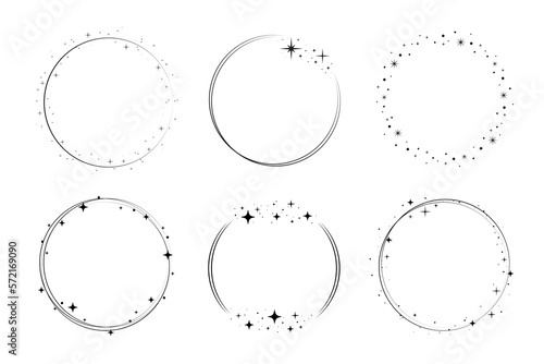 Circle star border frame set. Sparkle circle frame. Wreath round stardust border for party, birthday decor design. Laurel frame with cosmic glitter shine. Vector illustration.