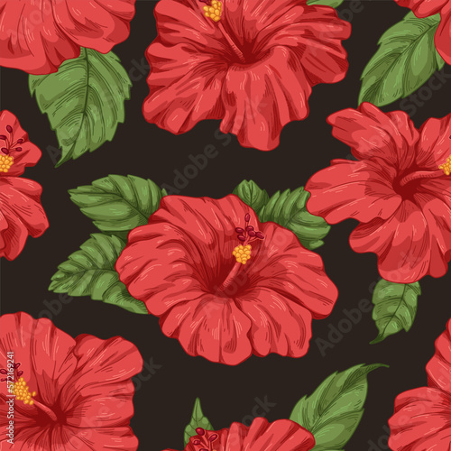Hibiscus  red flowers  leaf pattern. Seamless background  retro botanical texture. Blossomed floral plants  vintage design  print for textile  fabric  wallpaper. Hand-drawn colored vector illustration