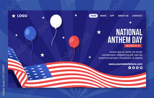 National Anthem Day Social Media Landing Page with United States of America Flag Flat Cartoon Hand Drawn Templates Illustration