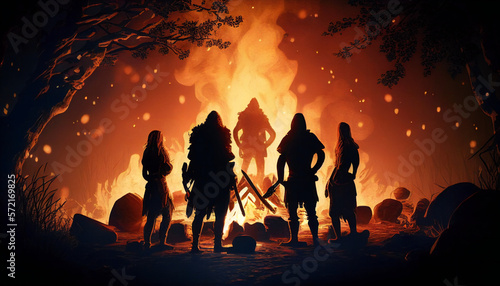 silhouette of Vikings around the campfire