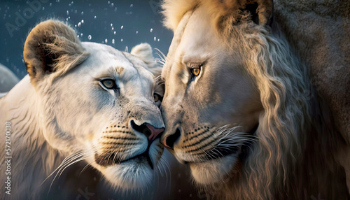 Portrait of a Lion and Lioness. Wildcat expresses emotions. Post-processed generative AI.