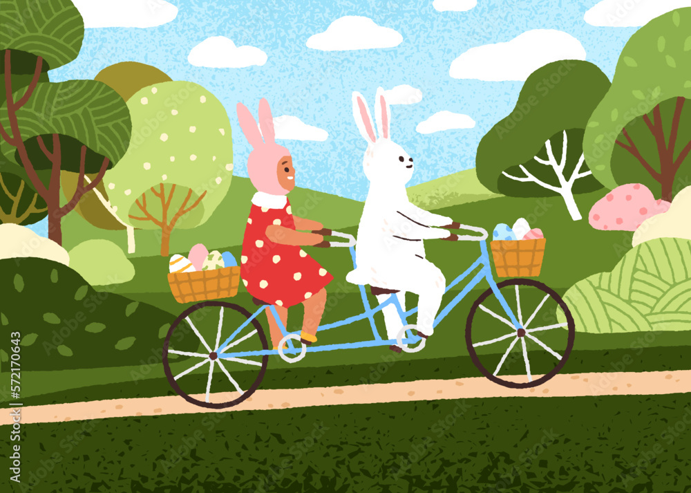 Cute Easter bunny and kid riding bicycle. Happy child and rabbit cycling with eggs for spring