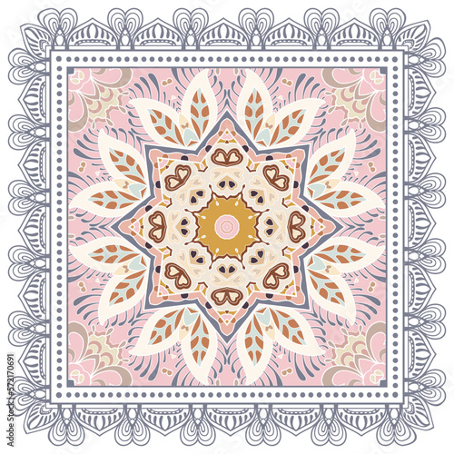 Decorative doodle ornament, symmetric pattern with lace frame. Tribal ethnic mandala decor. Bandana shawl, hijab, tablecloth fabric print, silk neck scarf, kerchief design. Colorful vector background