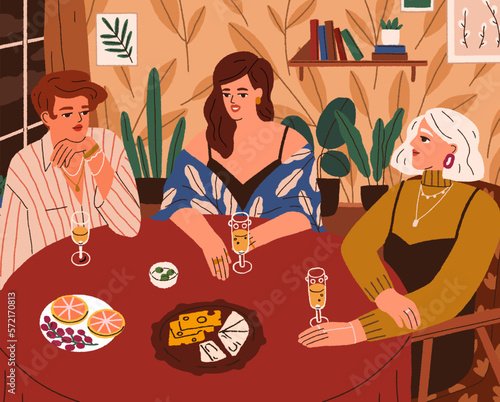 Girls drinking champagne, eating snacks, sitting at table. Young women friends at home hen party with alcohol. Girlfriends gathering in evening. Female friendship concept. Flat vector illustration