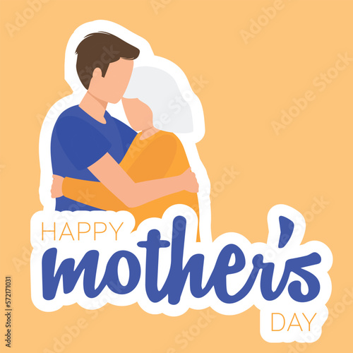 Square banner for Mother's Day.  Son with his mother. Hugging. Vector illustration.