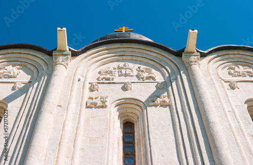 View of relief with David the psalmist, lions and griffins on the facade of Church of the Intercession on the Nerl. Temple in the Vladimir region of Russia, built in the 12th century.