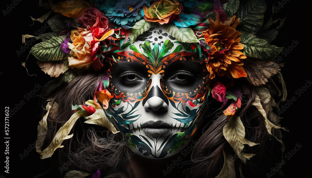 Dia de los muertos, closeup view of Girl in carnival mask for a traditional Mexican holiday of the day of the dead. generative AI