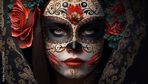 Dia de los muertos, closeup view of Girl in carnival mask for a traditional Mexican holiday of the day of the dead. generative AI © Deep Ai Generation