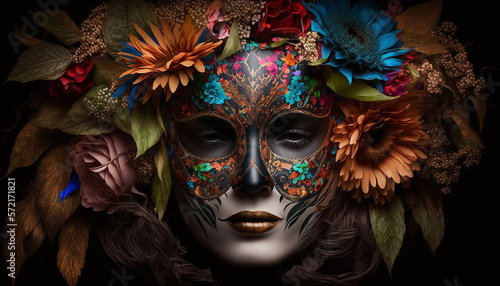 Dia de los muertos, closeup view of Girl in carnival mask for a traditional Mexican holiday of the day of the dead. generative AI