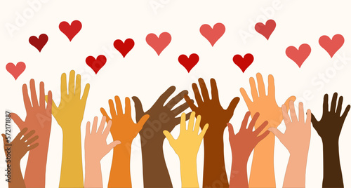 Group of raised arms and hands. Diverse people holding a heart. Charitable donation and volunteer work. Support and assistance. Multicultural and multiethnic community.Diversity of people