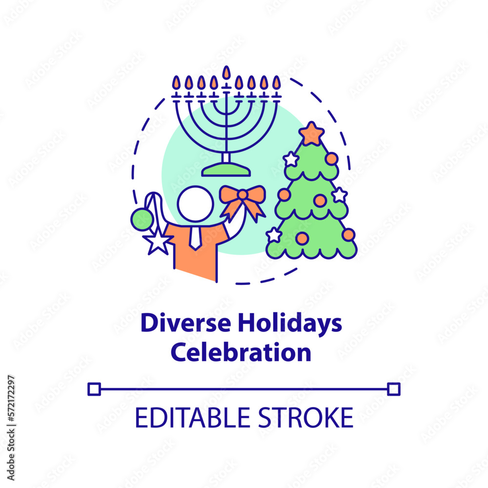 Diverse holidays celebration concept icon. DEI initiative for workplace abstract idea thin line illustration. Isolated outline drawing. Editable stroke. Arial, Myriad Pro-Bold fonts used Diverse holidays celebration concept icon. DEI initiative for workplace abstract idea thin line illustration. Isolated outline drawing. Editable stroke. Arial, Myriad Pro-Bold fonts used