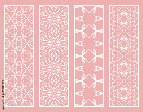 Decorative geometric line borders with repeating texture. Tribal ethnic arabic, indian, turkish ornament, bookmarks templates set. Isolated design elements. Stylized lace patterns collection