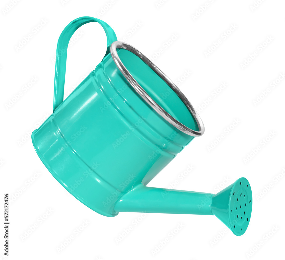 tilted levitating garden watering can isolated on white background - obrazy, fototapety, plakaty 