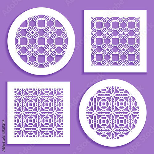 Templates for laser cutting, plotter cutting, printing. Round and square line patterns. Geometric design cut out of paper. Mandala Islamic die cut ornament. Fretwork panels, cutout silhouette stencils