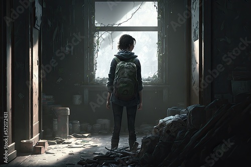 The Last of Us. Zombie Apocalypse Scenario. Person in the abandoned building. Generative AI.