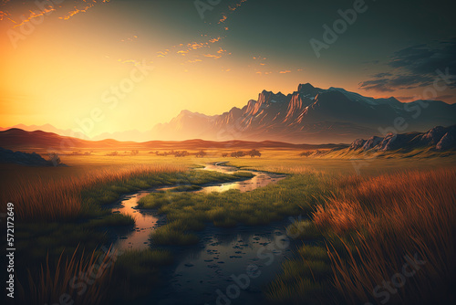 Spacious plain covered with grass  meadow  mountain  sunset. Generative AI