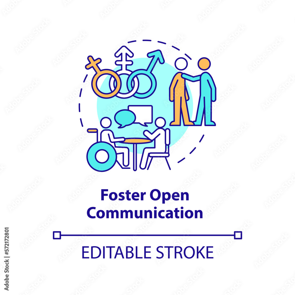 Foster open communication concept icon. Making DEI efforts effective practice abstract idea thin line illustration. Isolated outline drawing. Editable stroke. Arial, Myriad Pro-Bold fonts used Foster open communication concept icon. Making DEI efforts effective practice abstract idea thin line illustration. Isolated outline drawing. Editable stroke. Arial, Myriad Pro-Bold fonts used
