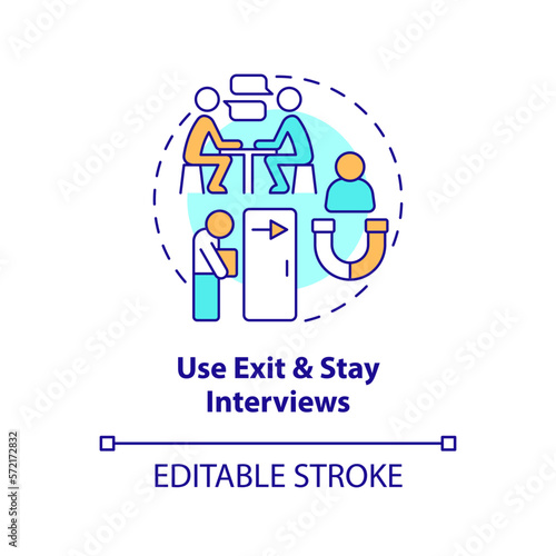 Use exit and stay interviews concept icon. Making DEI efforts effective practice abstract idea thin line illustration. Isolated outline drawing. Editable stroke. Arial, Myriad Pro-Bold fonts used