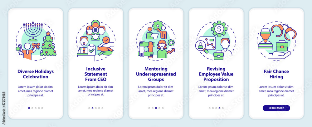 DEI initiatives for workplace onboarding mobile app screen. Inclusion walkthrough 5 steps editable graphic instructions with linear concepts. UI, UX, GUI template. Myriad Pro-Bold, Regular fonts use