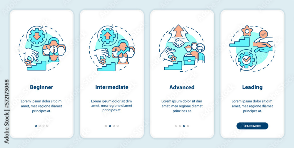 DEI program maturity stages onboarding mobile app screen. Tolerance walkthrough 4 steps editable graphic instructions with linear concepts. UI, UX, GUI template. Myriad Pro-Bold, Regular fonts use