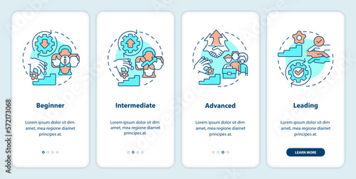 DEI program maturity stages onboarding mobile app screen. Tolerance walkthrough 4 steps editable graphic instructions with linear concepts. UI, UX, GUI template. Myriad Pro-Bold, Regular fonts use photo