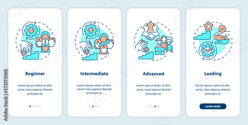 DEI program maturity stages onboarding mobile app screen. Tolerance walkthrough 4 steps editable graphic instructions with linear concepts. UI, UX, GUI template. Myriad Pro-Bold, Regular fonts use