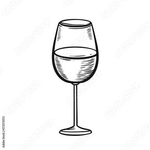 Wine glass hand drawn monochrome engraving style.