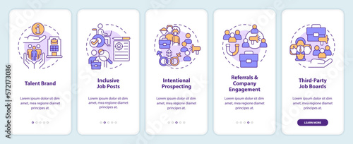 Diversifying pipeline of candidates onboarding mobile app screen. Walkthrough 5 steps editable graphic instructions with linear concepts. UI, UX, GUI template. Myriad Pro-Bold, Regular fonts use