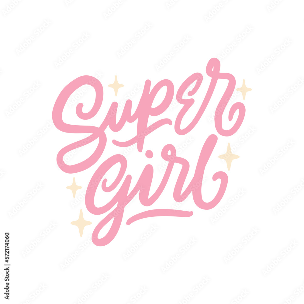 Super girl hand lettering calligraphy design. Typography with pink color on white background.