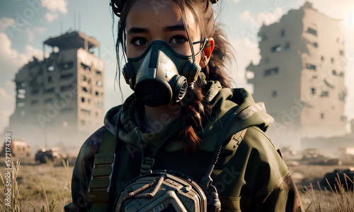A girl in a gas mask in a post-apocalyptic world. Young girl soldier dressed in camo. Post-apocalyptic landscape of a destroyed city. The world after a nuclear war. Generative AI.