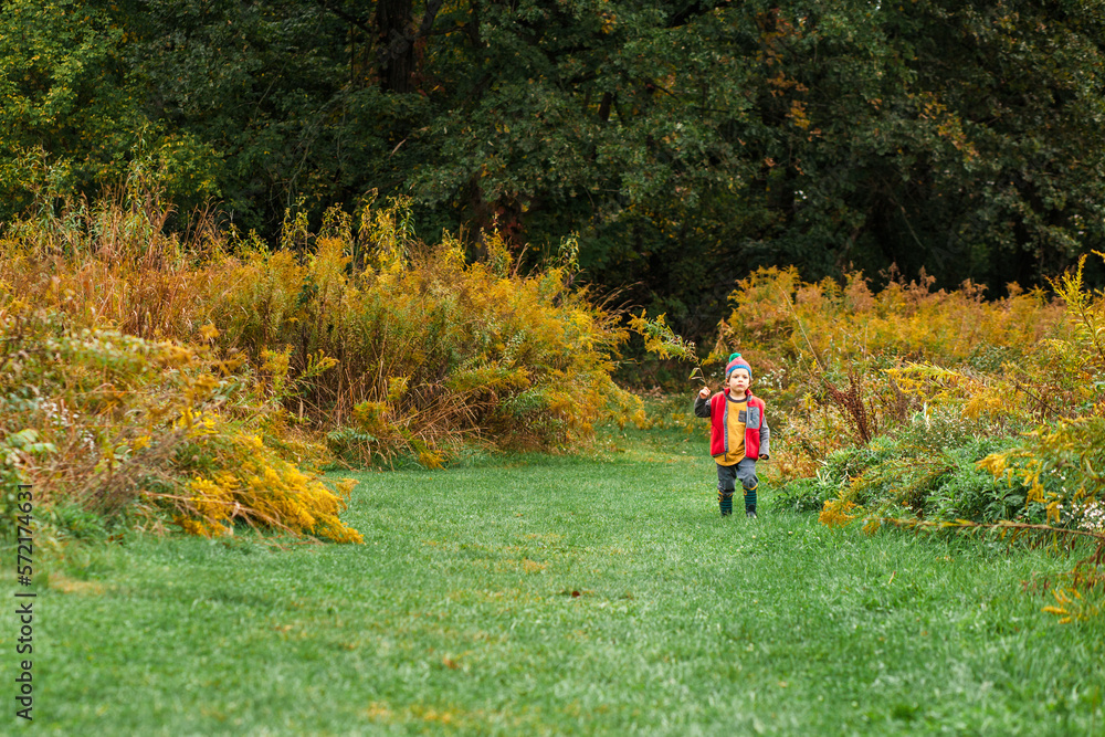 A small child in a knit cap walks alone in field of tall yellow grass A small child in a knit cap walks alone in field of tall yellow grass