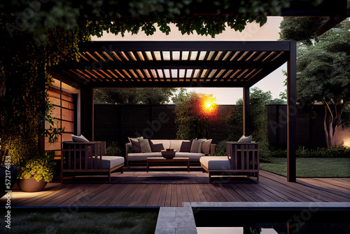 Trendy outdoor patio pergola shade structure, awning and patio roof, garden lounge, chairs, metal grill surrounded by landscaping © PaulShlykov