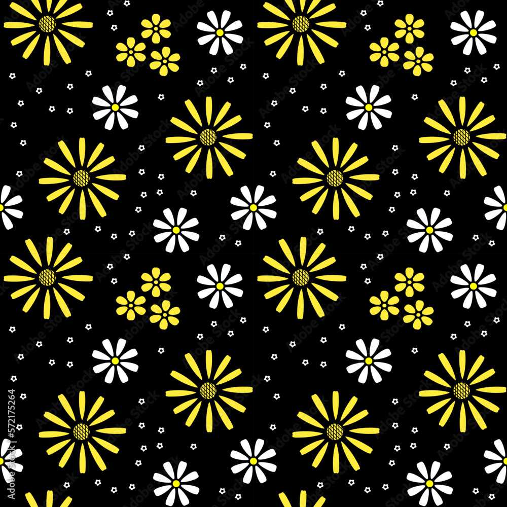 Floral seamless vector pattern, yellow and white flowers on a black background, summer prints, wallpaper, packaging. Floral seamless vector pattern, yellow and white flowers on a black background, summer prints, wallpaper, packaging.