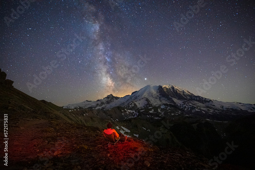 A Man is Sitting and Looking at the Milky Way Over Mt. Rainier