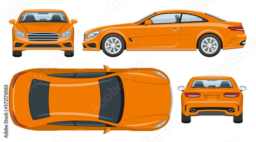 Orange sports car vector template with simple colors without gradients and effects. View from side, front, back, and top