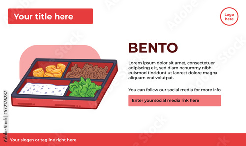 Bento box lunch food. Japanese or korean style banner poster design vector illustration with layout text placement guide isolated template with red and white overall colors. Simple and flat design.
