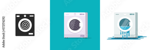 Washing machine icon black simple pictogram, washer broken or breakdown laundromat flat cartoon drawn illustration graphic, laundry water leak sign modern design image set