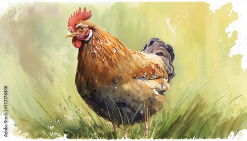 Watercolor painting of brown chicken on grassy field. Generative AI. photo