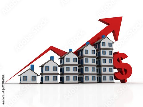 3d illustration Growth in real estate shown on a graph with dollar