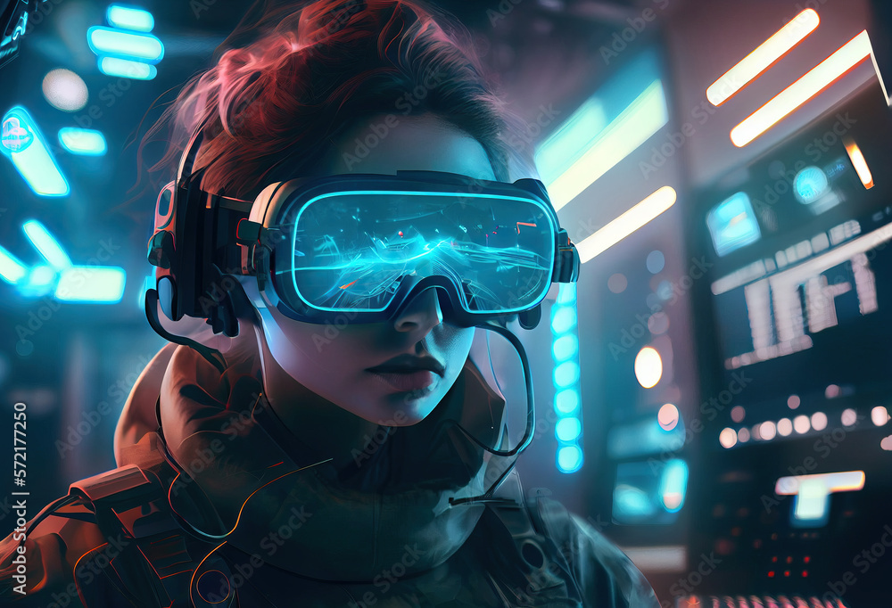 Futuristic army global drone command center and operators in VR glasses. Young woman drone operator and the future of the warfare concept made with Generative AI Futuristic army global drone command center and operators in VR glasses. Young woman drone operator and the future of the warfare concept made with Generative AI