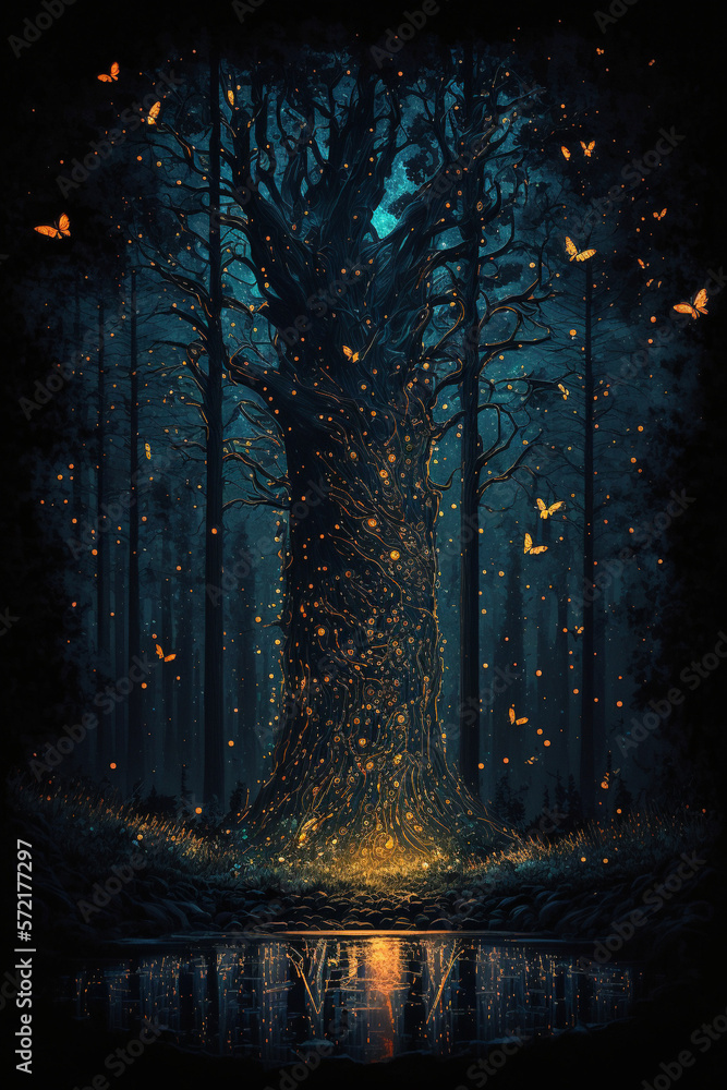 Giant tree trunk in the forest surrounded by fireflies generative AI
